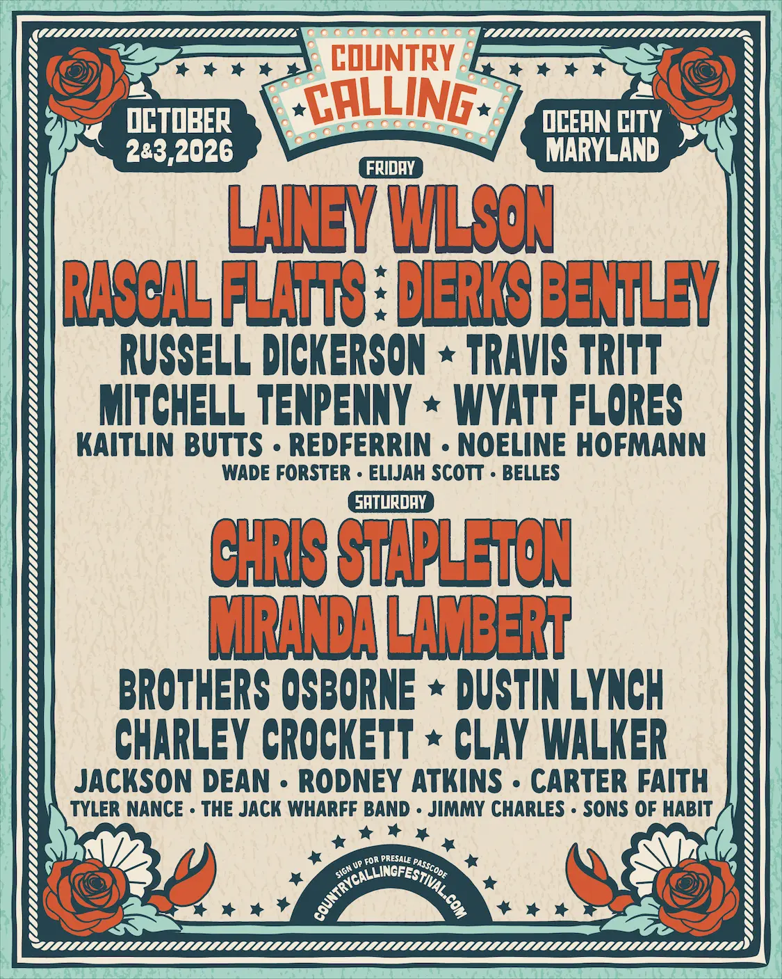 Country Calling 2026 parking lineup poster, October 2-3 in Ocean City, Maryland, featuring Lainey Wilson, Chris Stapleton, and Miranda Lambert